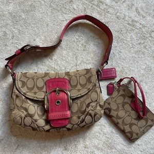 Coach purse and mini wallet, tan and pink